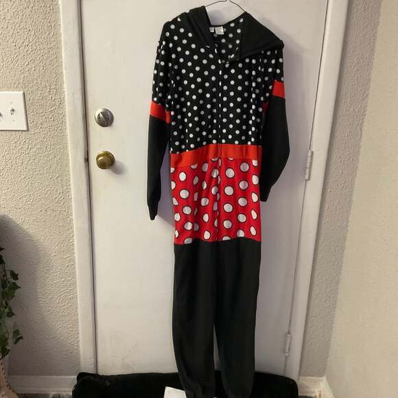 DISNEY Minnie Mouse Hooded Polka Dot Onesie Pajamas Costume Halloween M Holiday - Picture 1 of 8